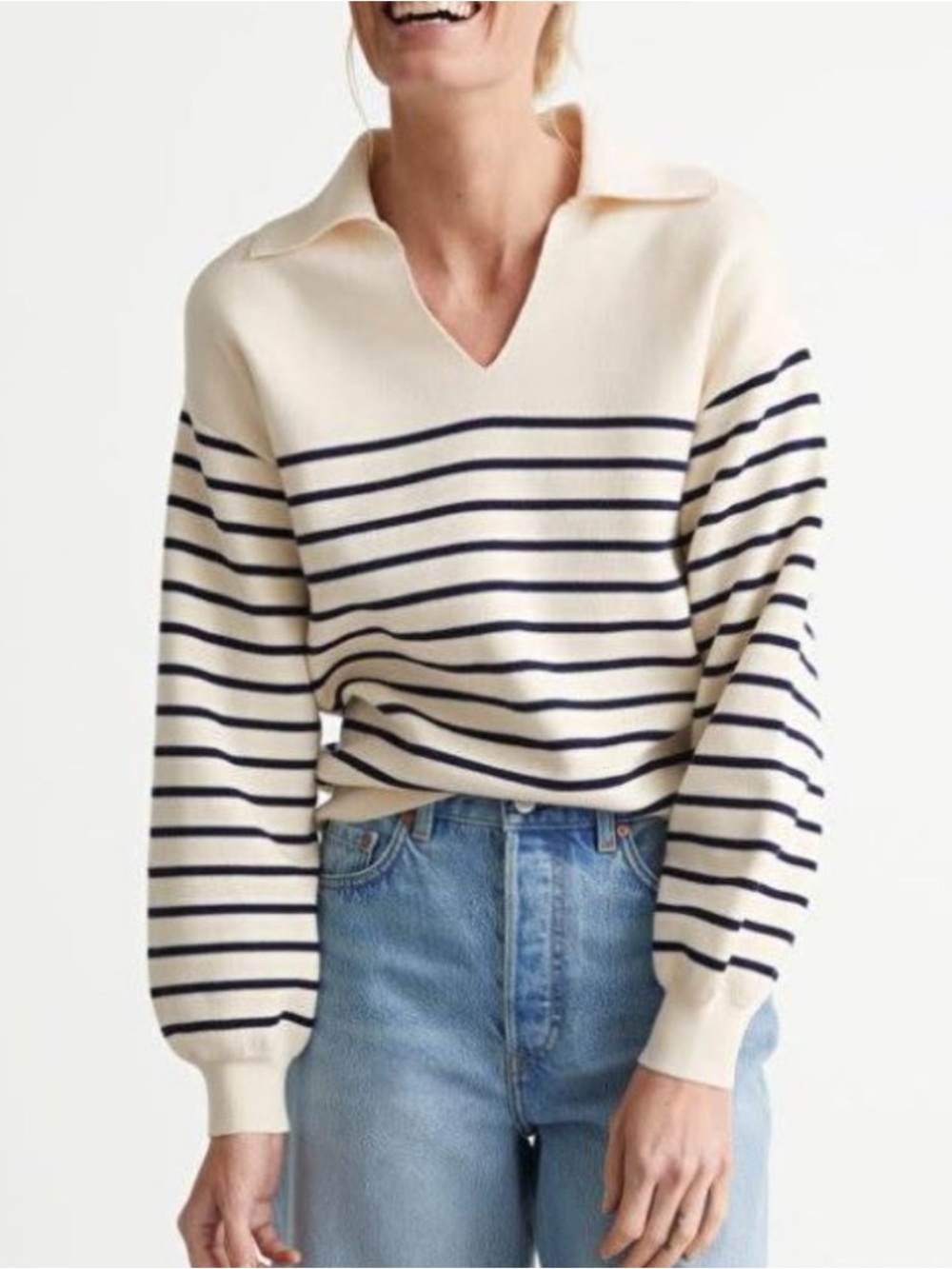 & Other Stories Breton Cotton Blend Navy Stripe Cream Collar Sweater Small